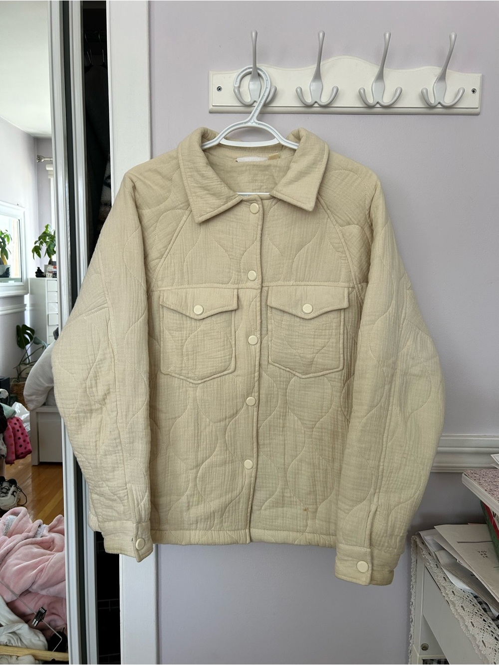 Women's Cream Quilted Button-Up Bomber Jacket